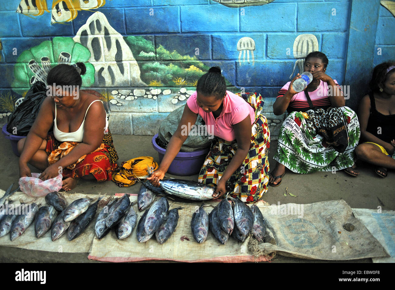 women selling tuna, Madagascar, Diego Suarez Stock Photo