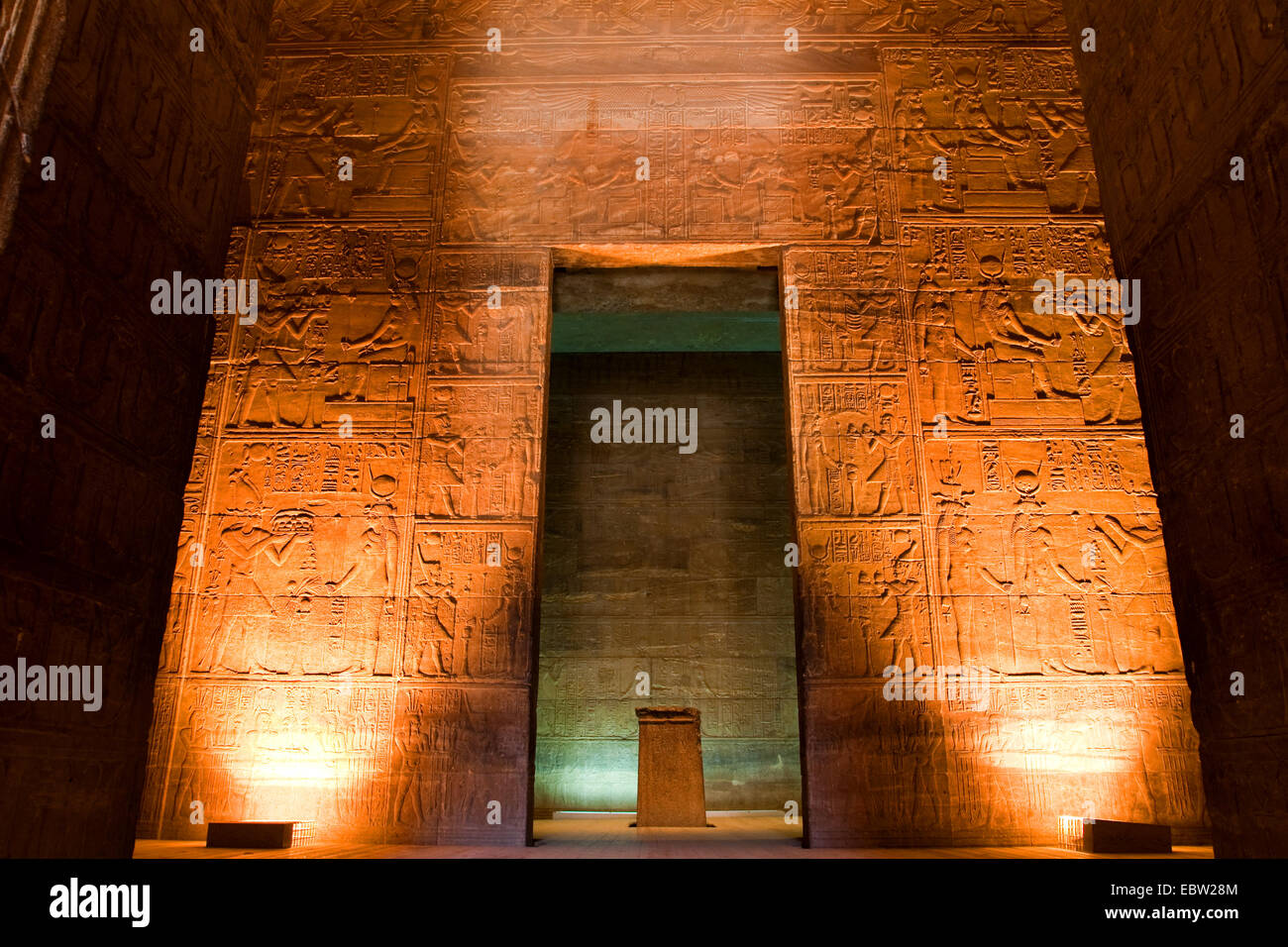 illuminated mural relief at the wall of the Temple of Isis in Philae, Egypt, Assuan Stock Photo