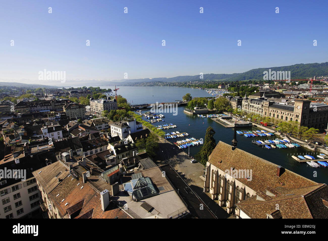 view of Zurich with Limmat river, bridge Quaibruecke and lake ...