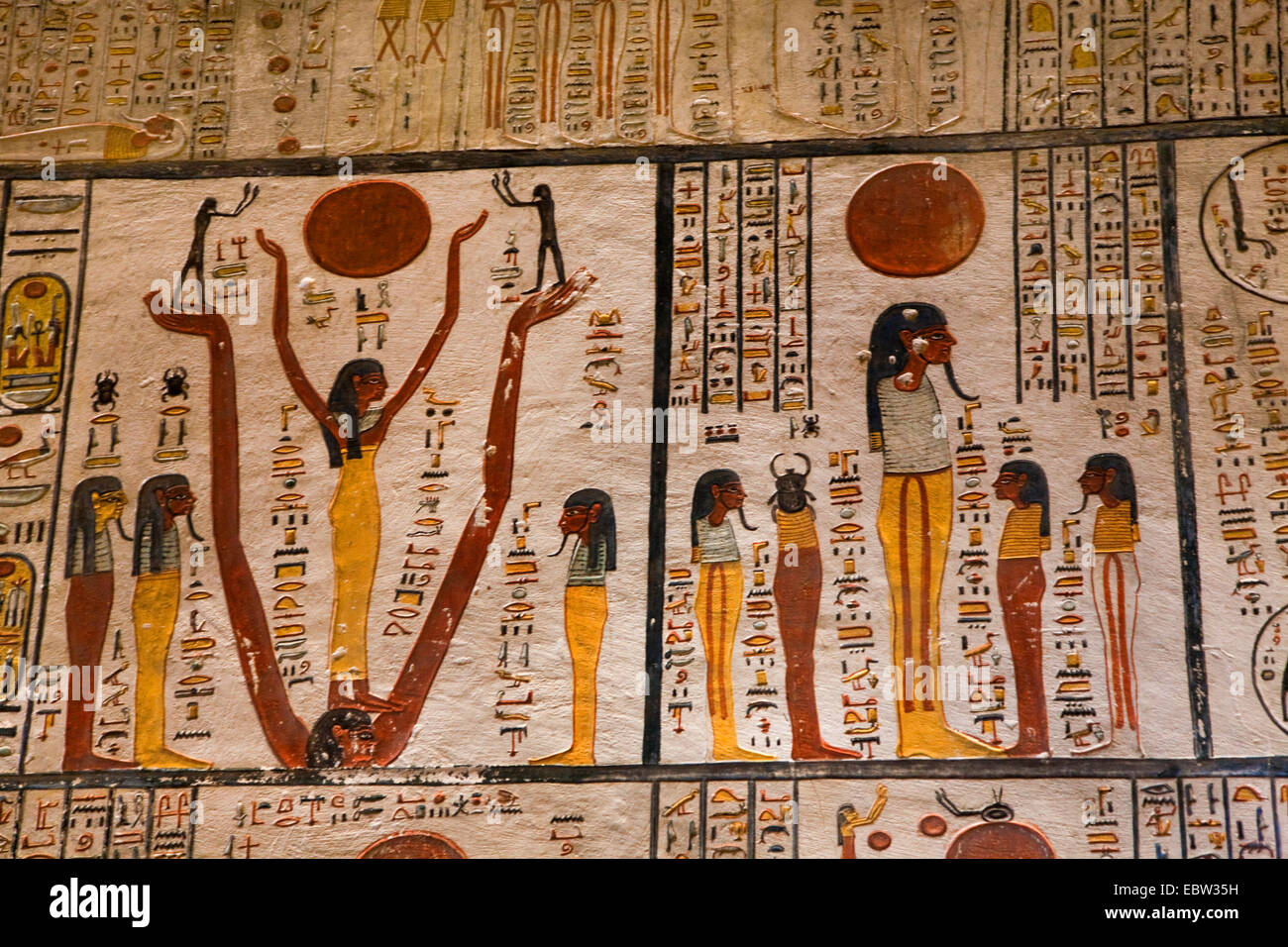 wall paintings and hieroglyphics in the chamber tomb of Ramses V. (1150-1145 BC) and Ramses VI. (1145-1137 BC), Egypt, Valley of the Kings, Luxor Stock Photo