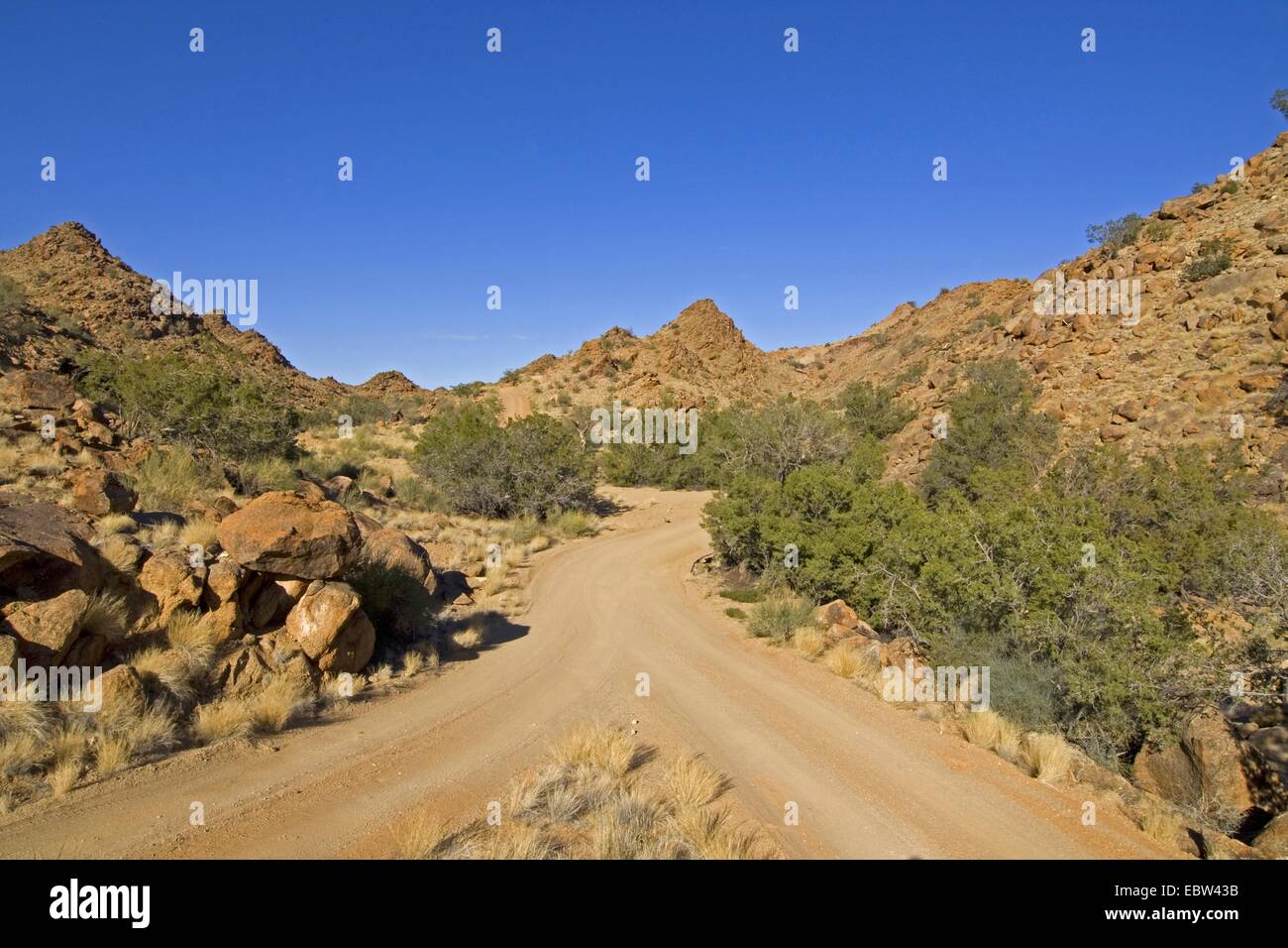 gravel road junction in Augrabies Falls National Park, South Africa, Northern Cape, Augrabies Falls National Park Stock Photo