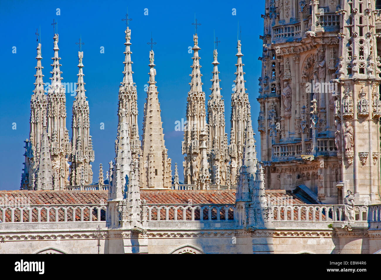 pinnacles at the cathedral roof, Spain, Kastilien und Le¾n, Burgos Stock Photo