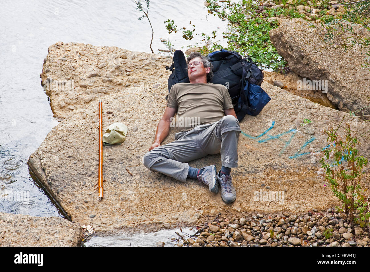 pilgrim on the Way of St james at the way between San Nicolßs del Real Camino and Sahag·n, not available for advisement, Spain, Kastilien und Le¾n, Weg von San Nicol├ís del Real Ca Stock Photo
