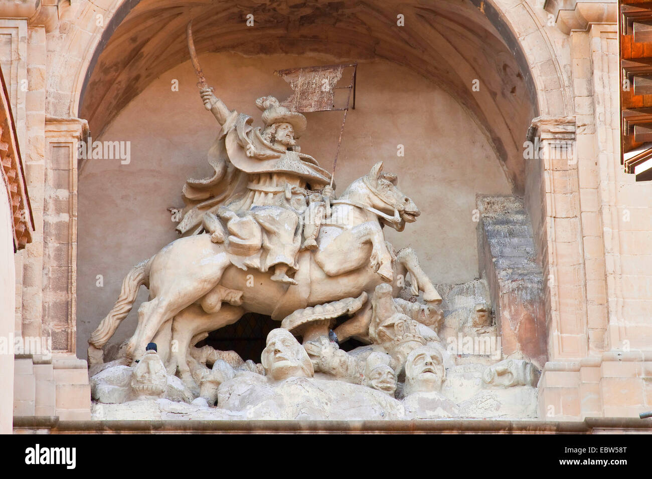 statue of St. James shown as 'Matamoros' on a horse with a sword bound to kill Moors, Spain, Basque country, La Rioja, Logro±o Stock Photo