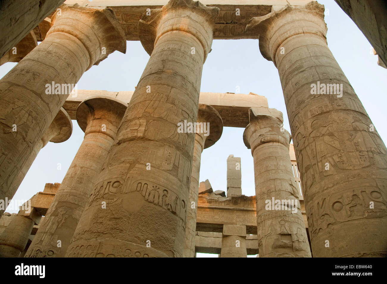 pillars of the Great Hypostyle Hall of Karnak Temple Complex, Egypt, Luxor, Karnak Stock Photo