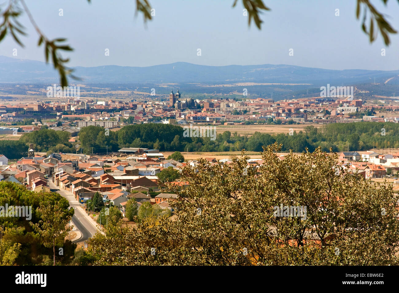 view on Astorga from a hill at San Justo de la Vega on the Way of St. James, Spain, Kastilien und Le¾n, San Justo de la Vega Stock Photo