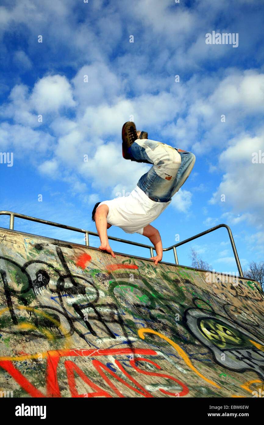 skater during an acrobatic feat in a halfpipe, Germany Stock Photo