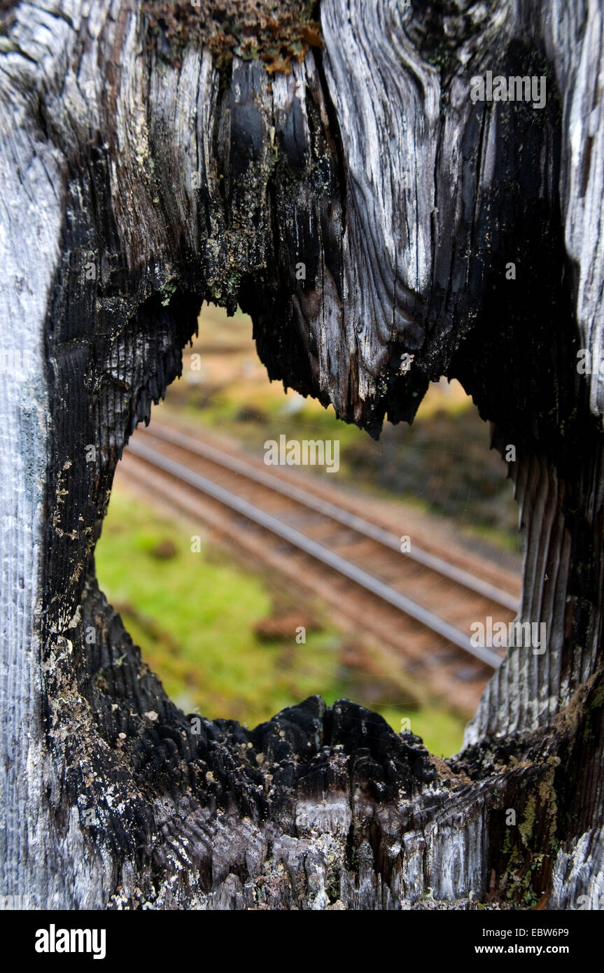railway track seen through a knothole Stock Photo