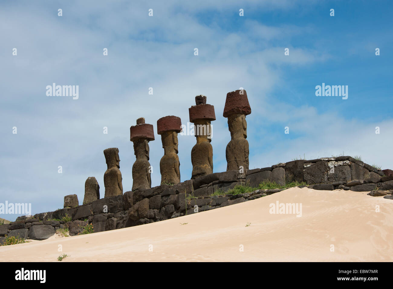 Easter Island aka Rapa Nui. Rapa Nui NP, Anakena & Ahu Nau Nau. Important historic altar with seven moai statues. Stock Photo