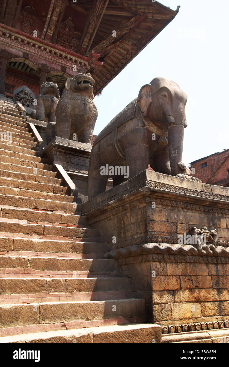 Old buddhistic statues on Bhaktapur Square. Kathmandu, Nepal Stock