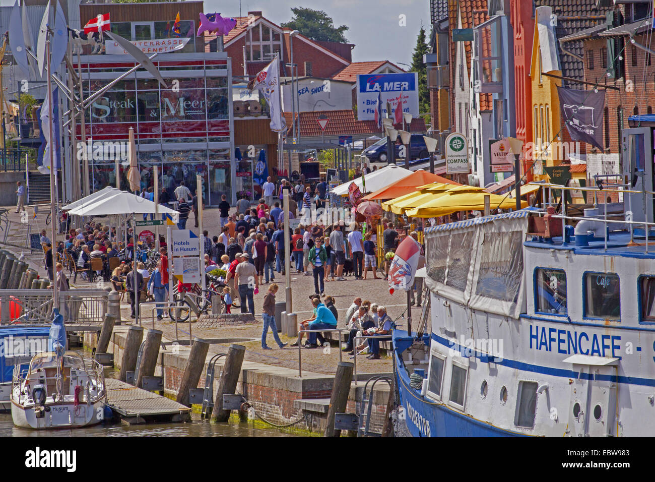 view to harbour and harbour street, Germany, Schleswig-Holstein, Husum Stock Photo