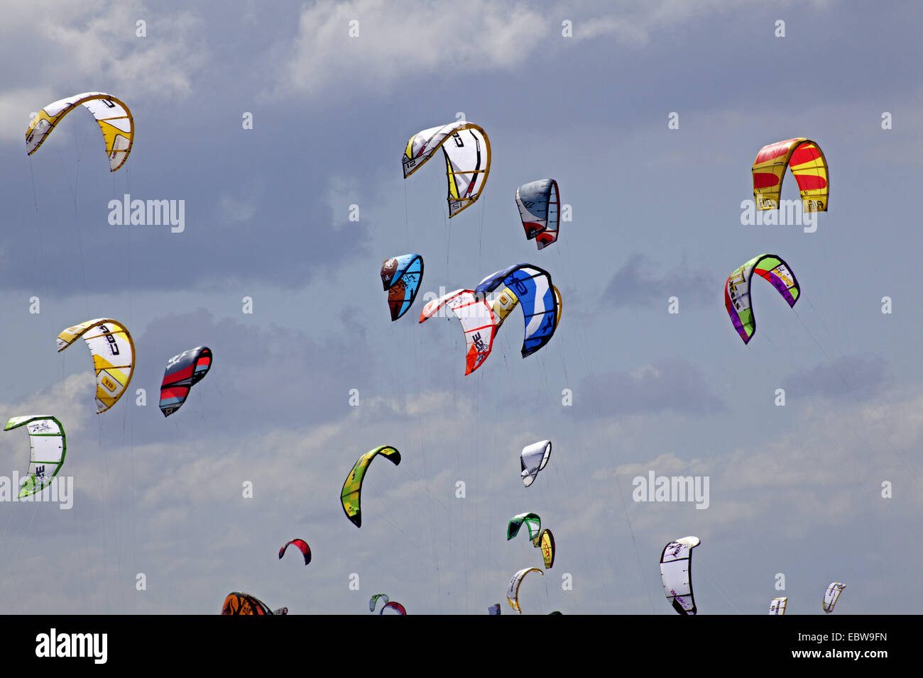 colourful kites in the sky, Kitesurf World Cup, Germany, Schleswig-Holstein, St. Peter Ording Stock Photo