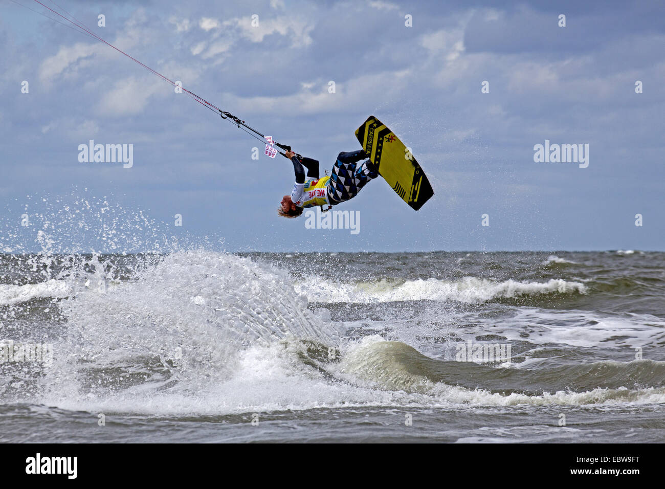 jumping kitesurfer, Kitesurf World Cup, Germany, Schleswig-Holstein, St. Peter Ording Stock Photo