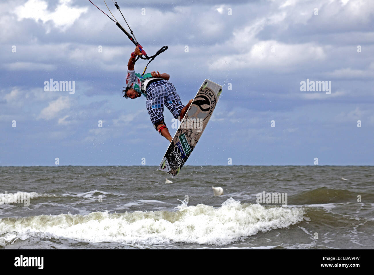 kitesurfer jumping, Kitesurf World Cup, Germany, Schleswig-Holstein, St. Peter Ording Stock Photo
