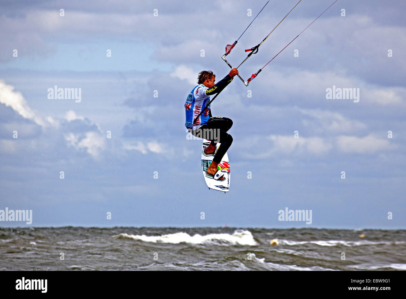 jumping kitesurfer, Kitesurf World Cup, Germany, Schleswig-Holstein, St. Peter Ording Stock Photo