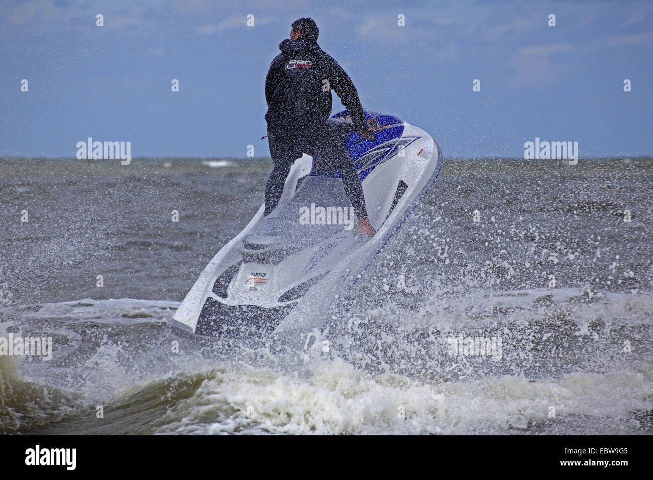 personal water craft jumping over the sea, Kitesurf World Cup, Germany, Schleswig-Holstein, St. Peter Ording Stock Photo