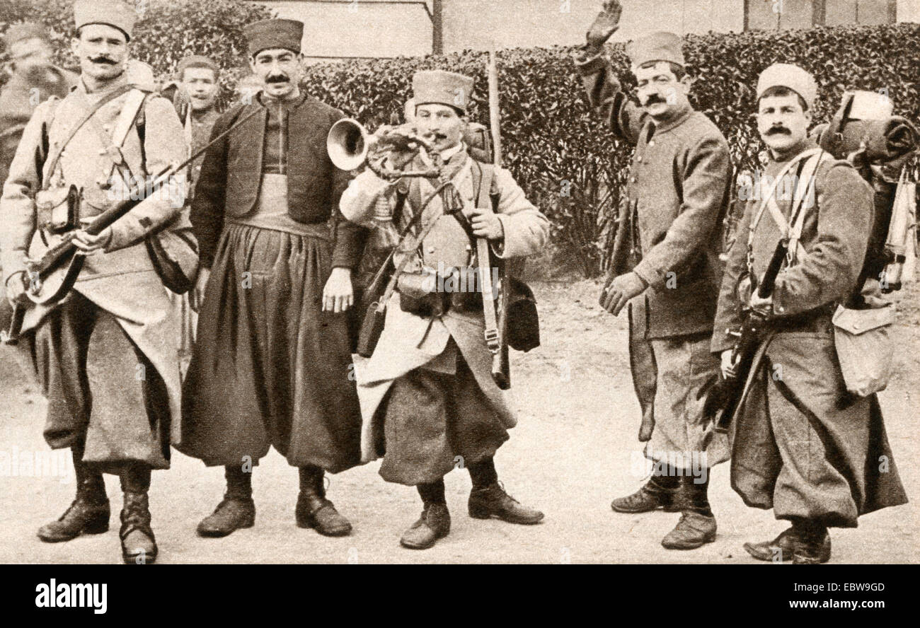 Zouave soldiers in typical Moroccan dress during World War One. Stock Photo