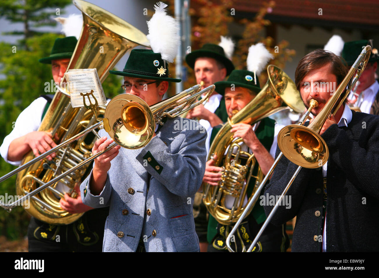 brass band playing during the errection of a maypole, Germany, Bavaria, Bad Aibling Stock Photo