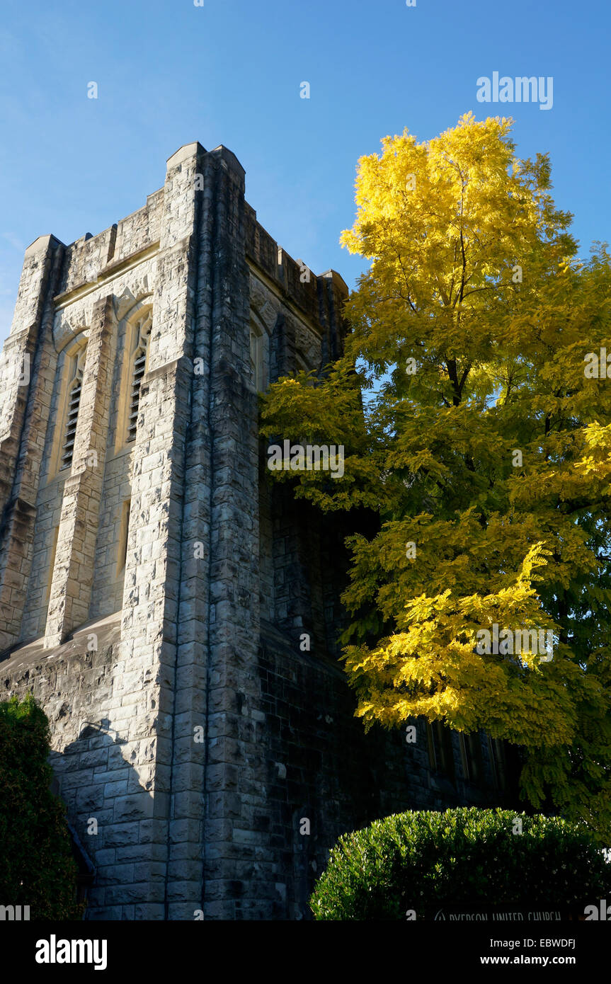 Ryerson United Church (Pacific Spirit United Church) and golden leafed autumn tree, Kerrisdale