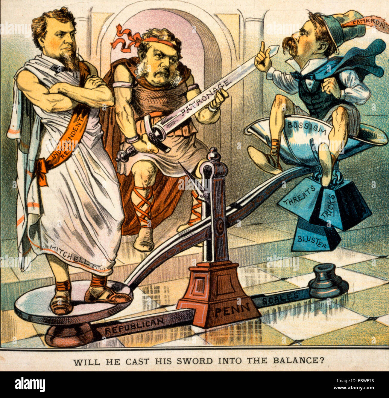 Will he cast his sword into the balance? Political  Cartoon showing Chester Arthur, dressed as a Roman, by 'Republican scales,' holding sword 'patronage,' with Mitchell 'indepencent reps.,' also dressed as a Roman, on one end of the scales, and James Donald Cameron 'bossism' on the other end of scales. 1882 Stock Photo