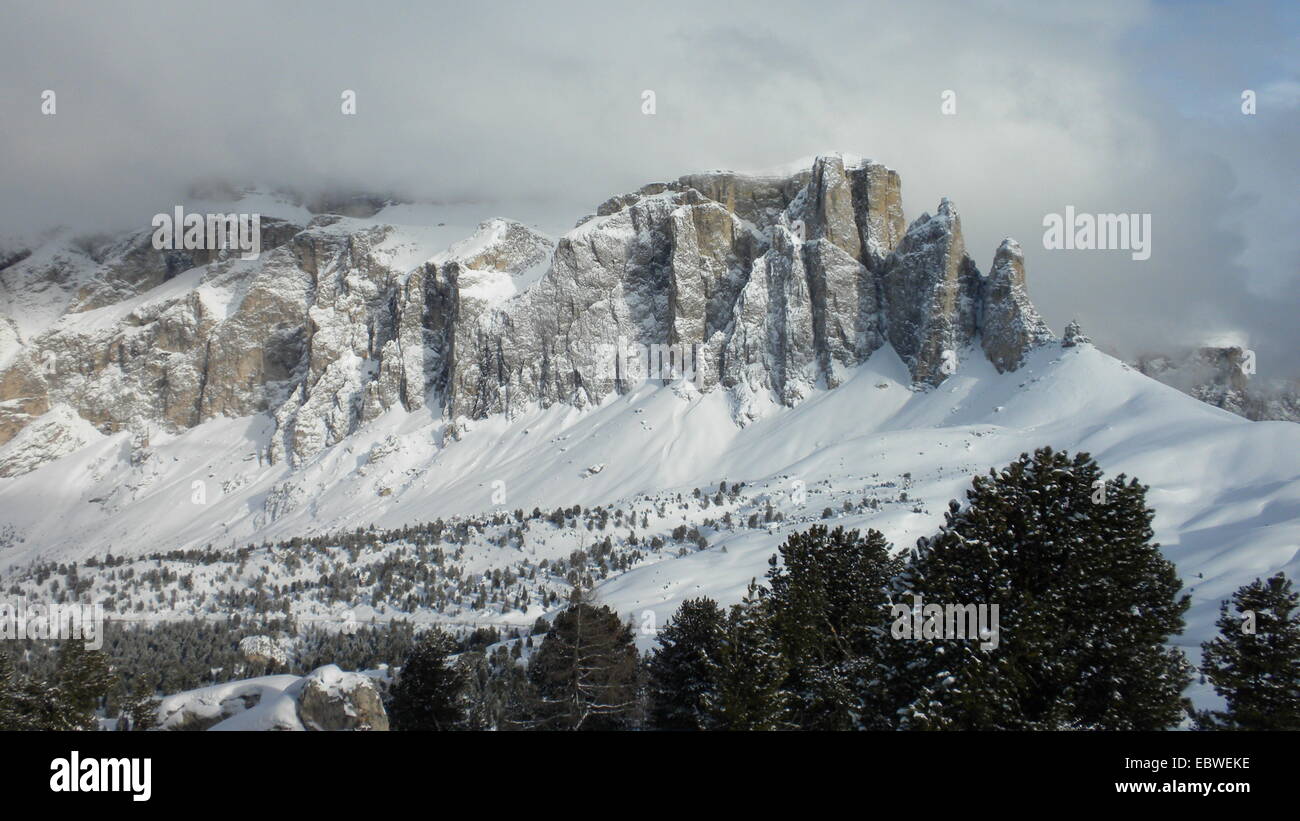 Gruppo Cella Mountains in Clouds, Cella Ronda, Dolomites, Alps, Italy, Europe Stock Photo
