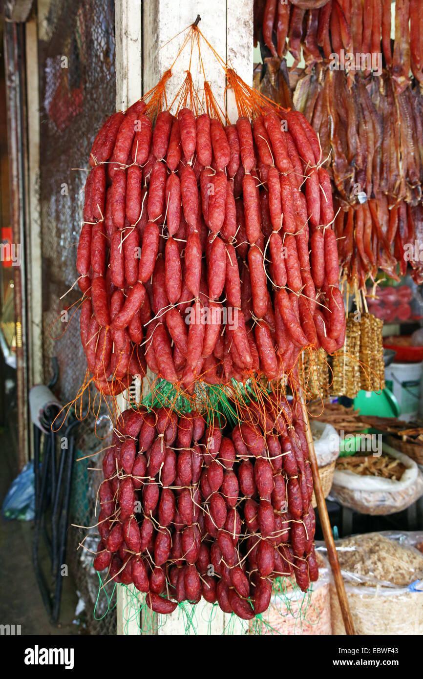 Meat and sausage stall in Psah Chas the Old Market, Siem Reap, Cambodia. Stock Photo