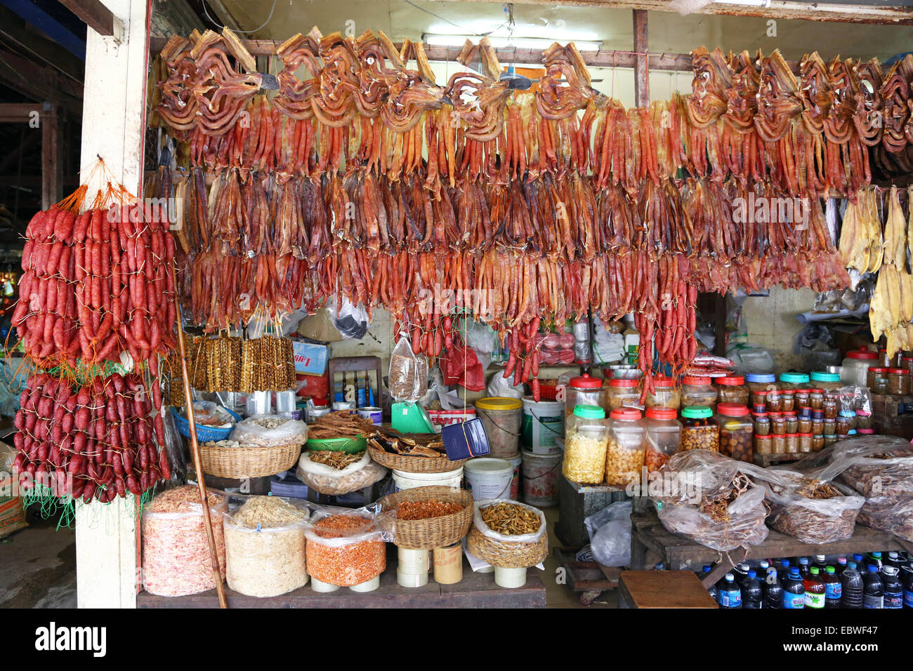 Meat and sausage stall in Psah Chas the Old Market, Siem Reap, Cambodia. Stock Photo