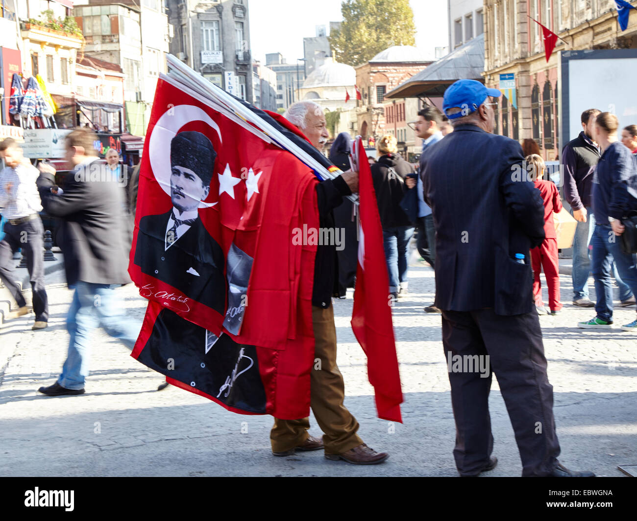 Turkish flag seller Kemal Atatürk red crescent. Stock Photo