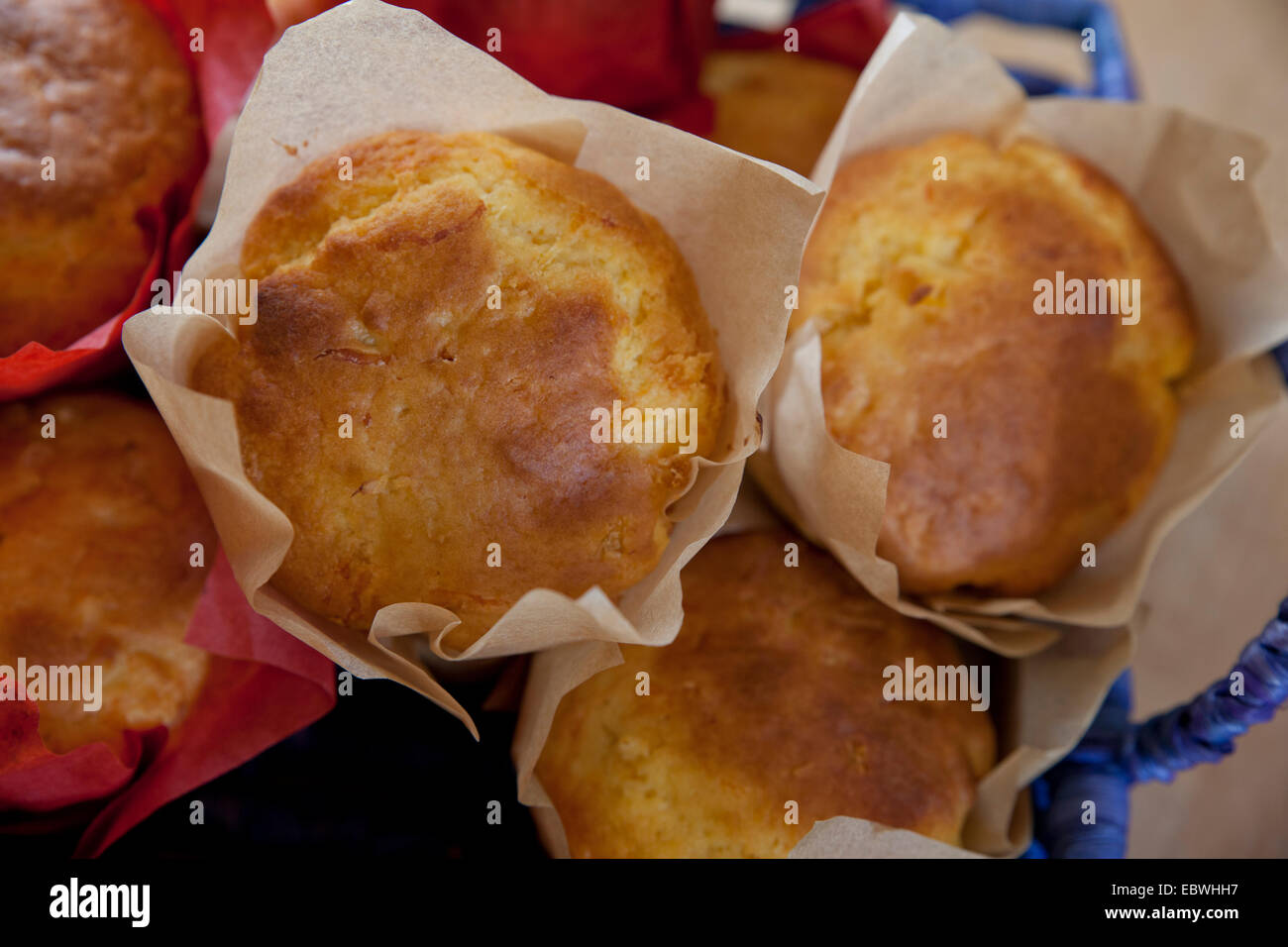 Closeup shot of corn muffins in a basket Stock Photo