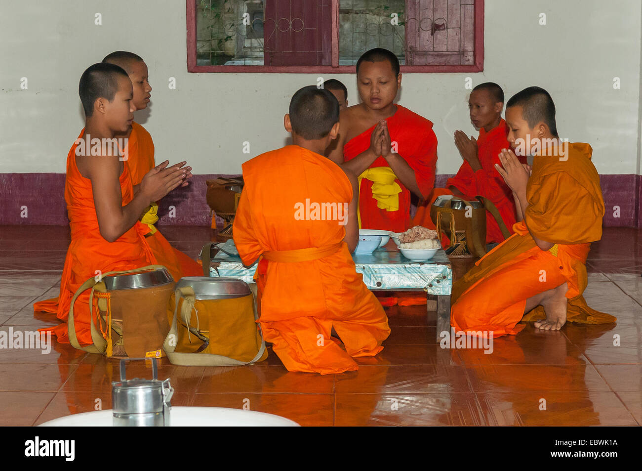 Novice Monks Praying at Breakfast, Luang Prabang, Laos Stock Photo