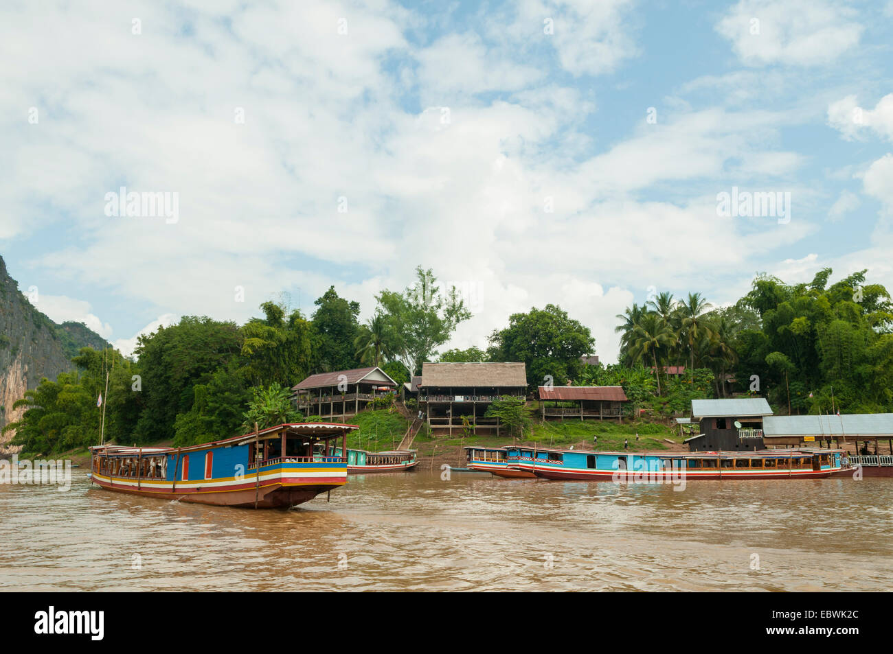 Riverside Restaurants on Mekong River at Pak Ou, Laos Stock Photo