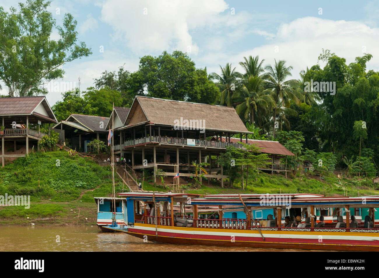 Riverside Restaurants on Mekong River at Pak Ou, Laos Stock Photo