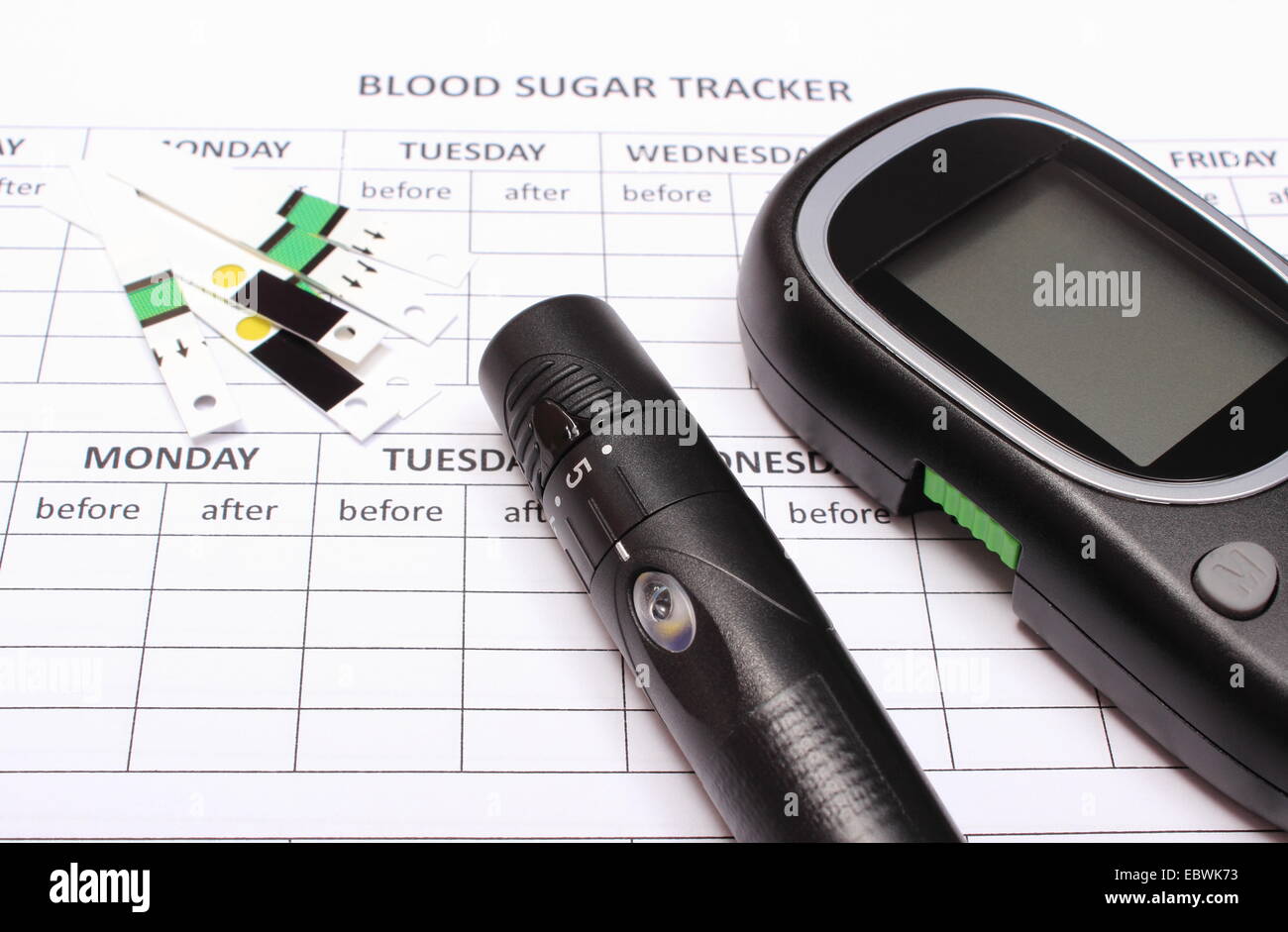 lancet device and strip for glucose test lying on empty