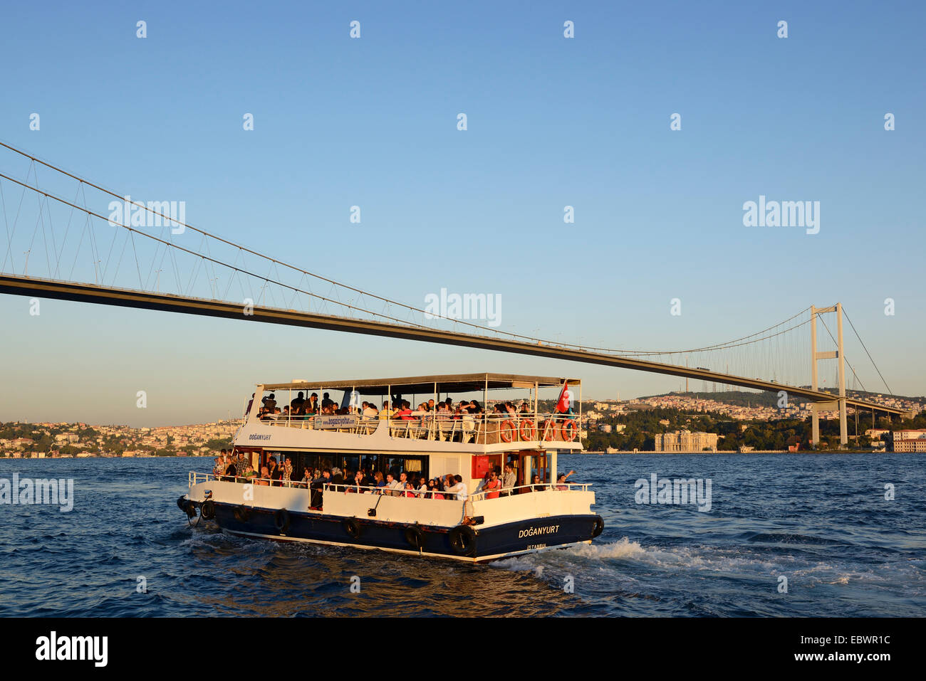 Ferry across the Bosphorus, Bosphorus Bridge, Asian shore, seen from Ortakoey, Ueskuedar, Istanbul, asian and european side Stock Photo