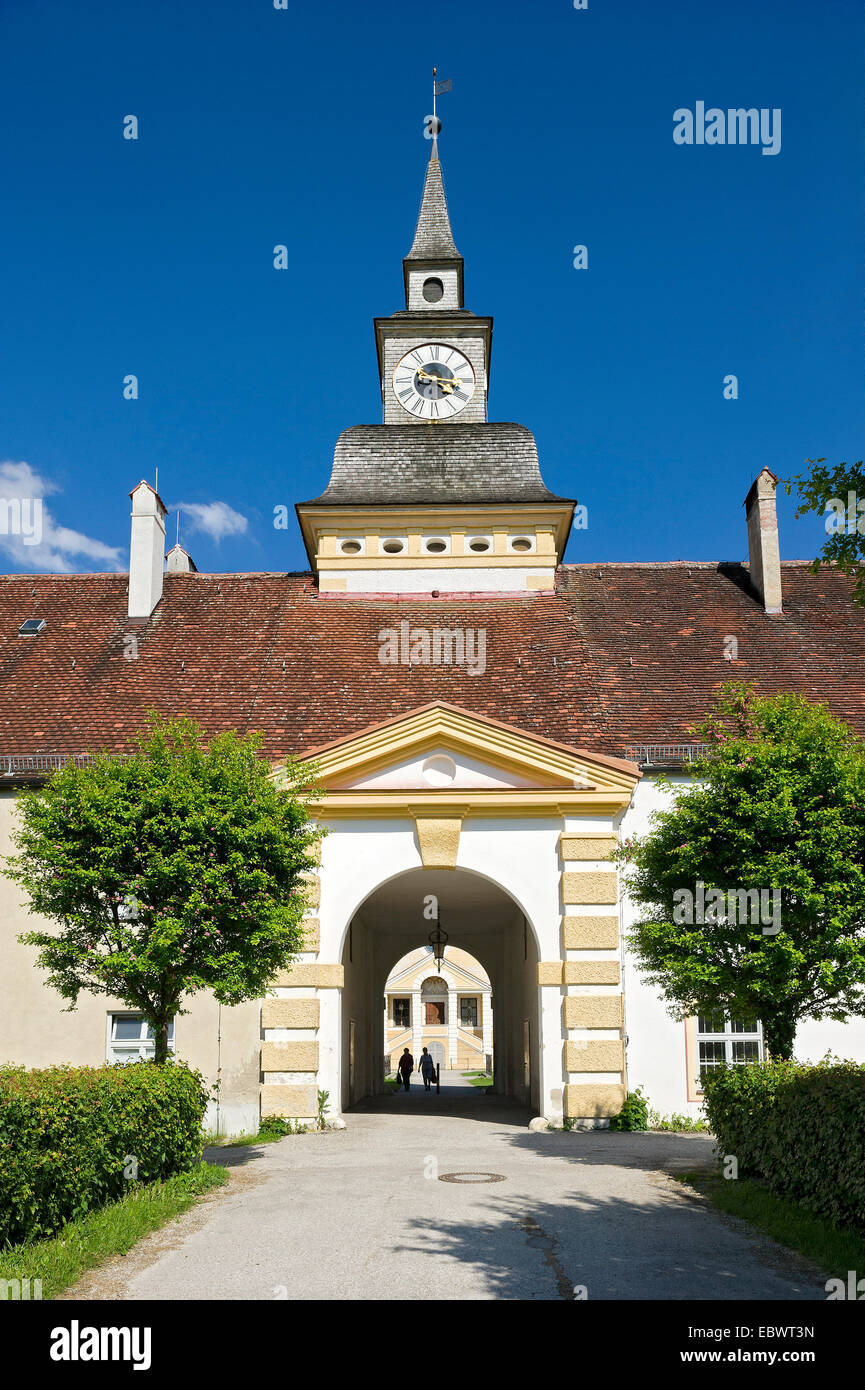 Gate with the gate tower in Wilhelmshof courtyard, Schleissheim Old Palace, Oberschleißheim, Upper Bavaria, Bavaria, Germany Stock Photo