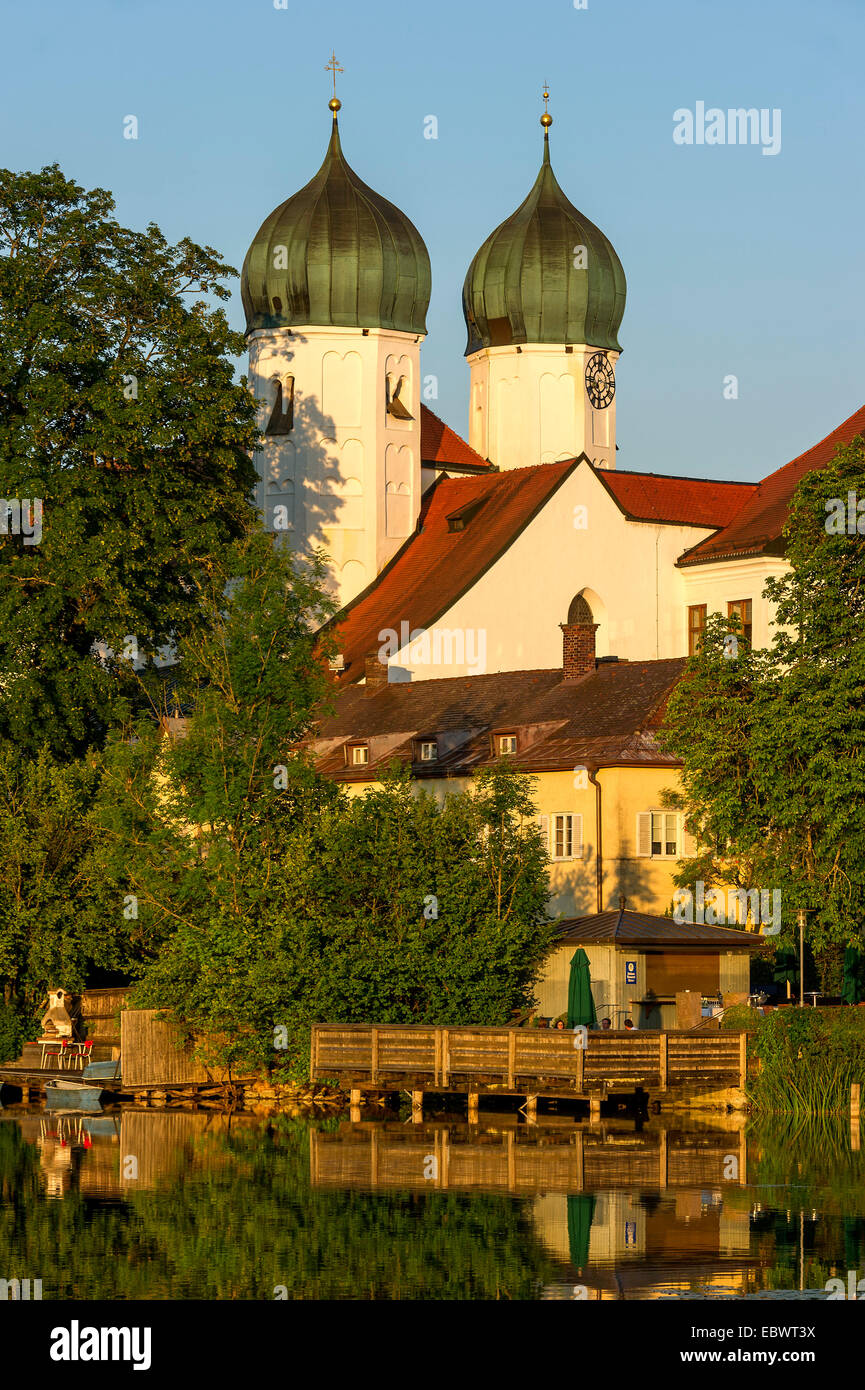 Benedictine Kloster Seeon monastery with monastery church of St. Lambert, Klostersee, Seebruck, Chiemgau, Upper Bavaria, Bavaria Stock Photo