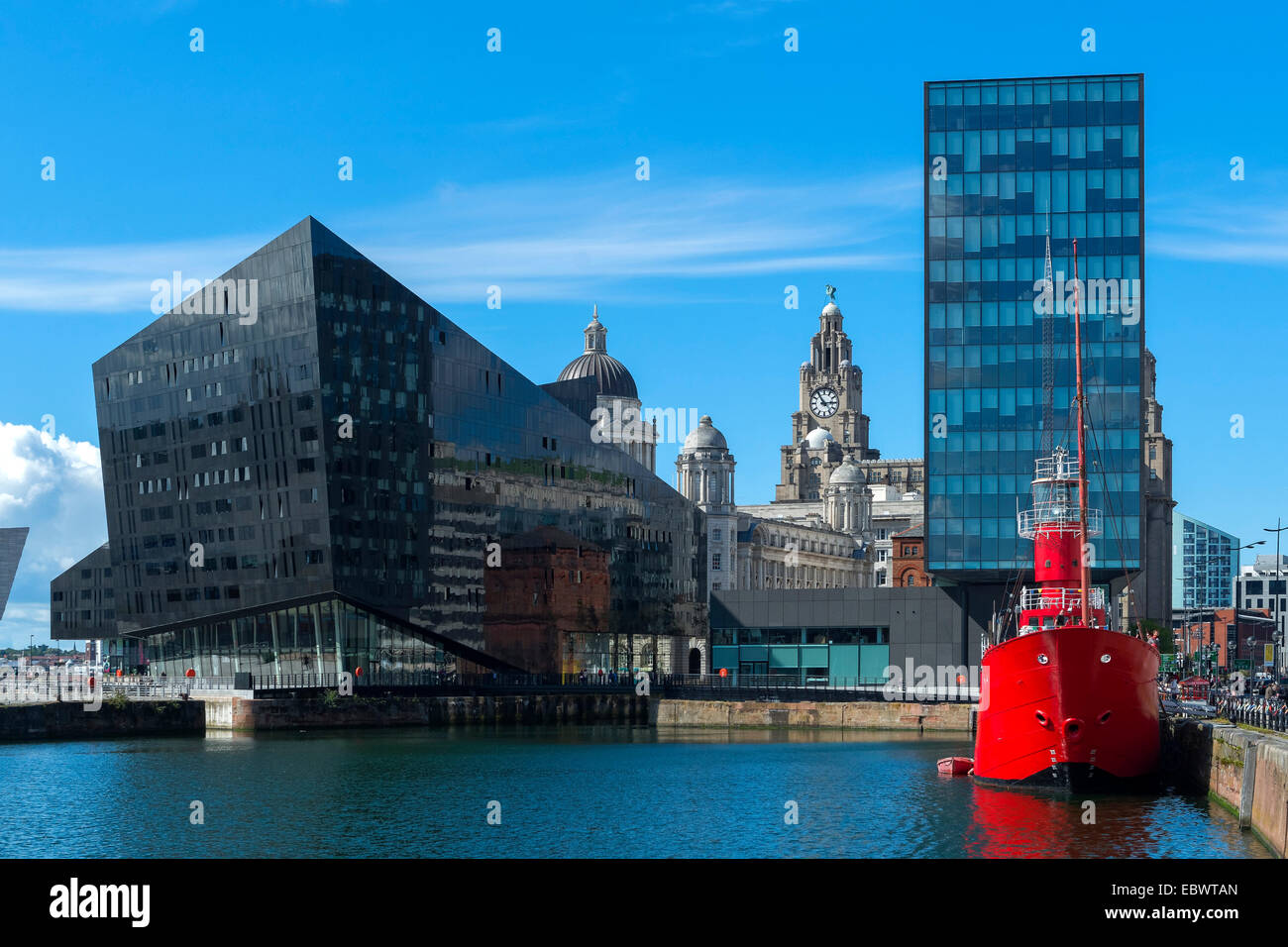 Canning Dock with the decommissioned lightship Planet at the port, Liverpool, Merseyside, England, United Kingdom Stock Photo