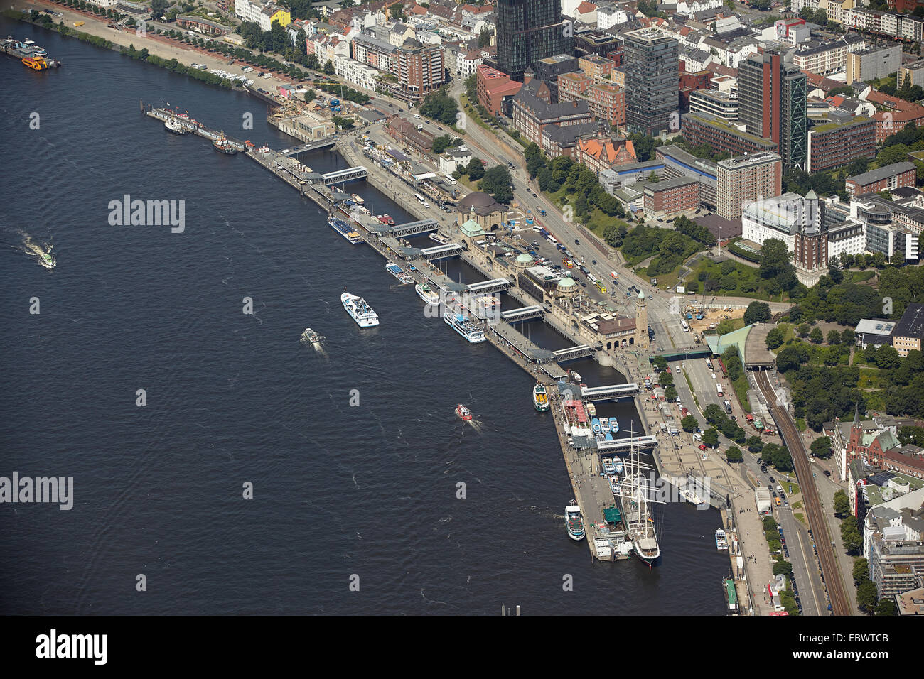 Aerial, St. Pauli Landing Stages or Landing Bridges, Hamburg, Hamburg, Germany Stock Photo