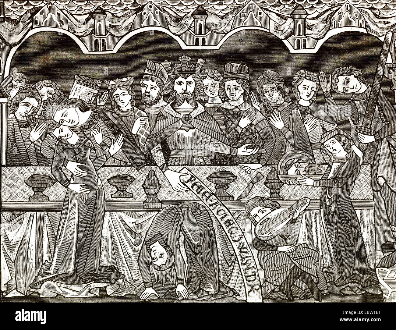 Baronial banquet table in the 12th century, Stock Photo