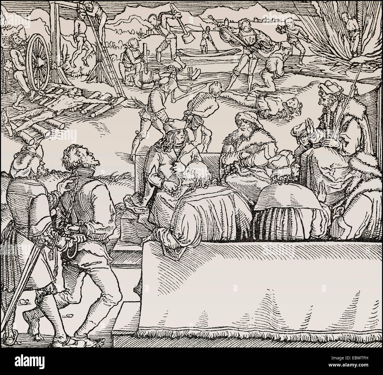 public court hearing and executions, 15th century, öffentliche Gerichtsverhandlung und Hinrichtungen im  15. Jahrhundert Stock Photo