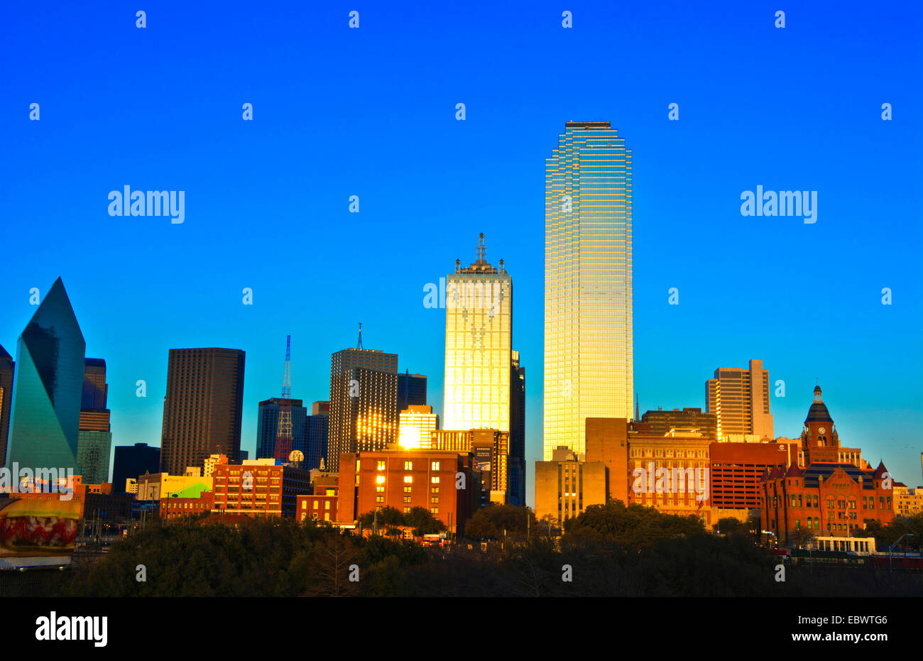 skyline of downtown Dallas city in evening sun, USA, Texas, Dallas Stock Photo