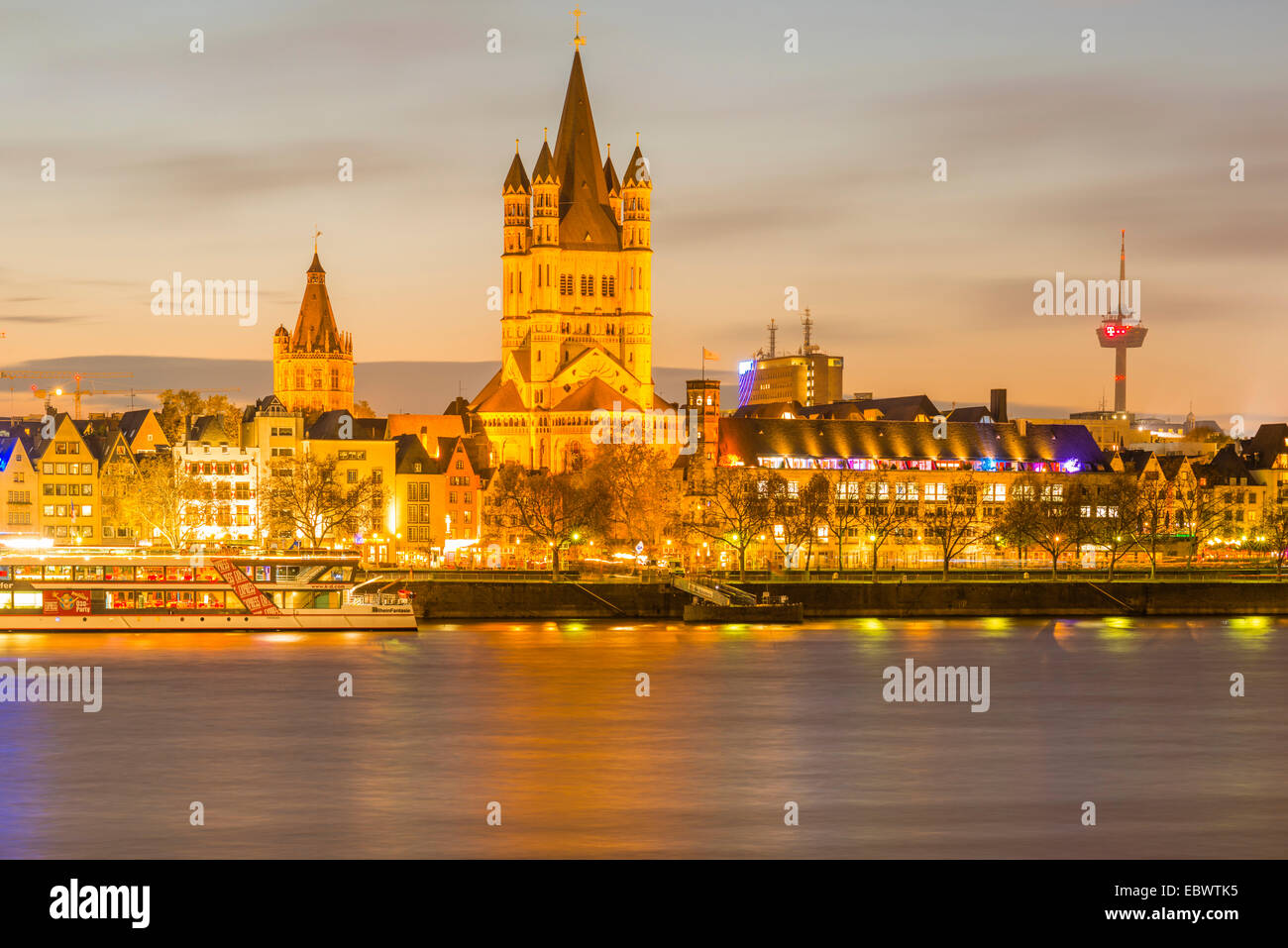 Town Hall, Great St. Martin, telecommunications tower Colonius, old town bank of the Rhine, Cologne, Rhineland Stock Photo