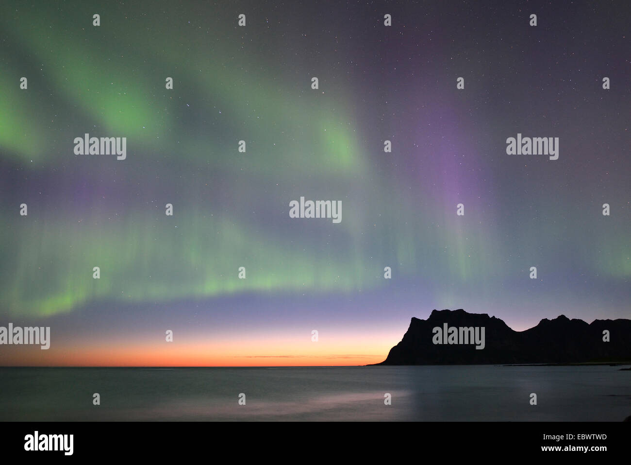 Northern Lights on Utakleiv Beach, Vestvågøy, Lofoten, Norway Stock Photo