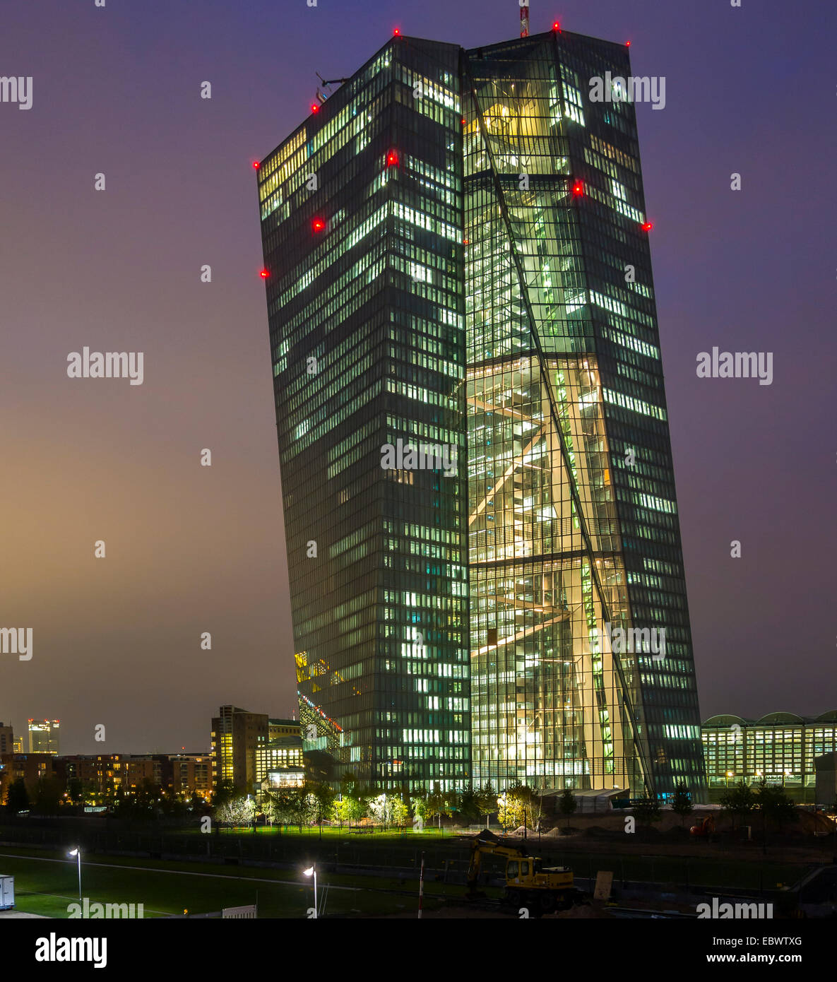 European Central Bank, ECB, at dusk, Frankfurt am Main, Hesse, Germany Stock Photo