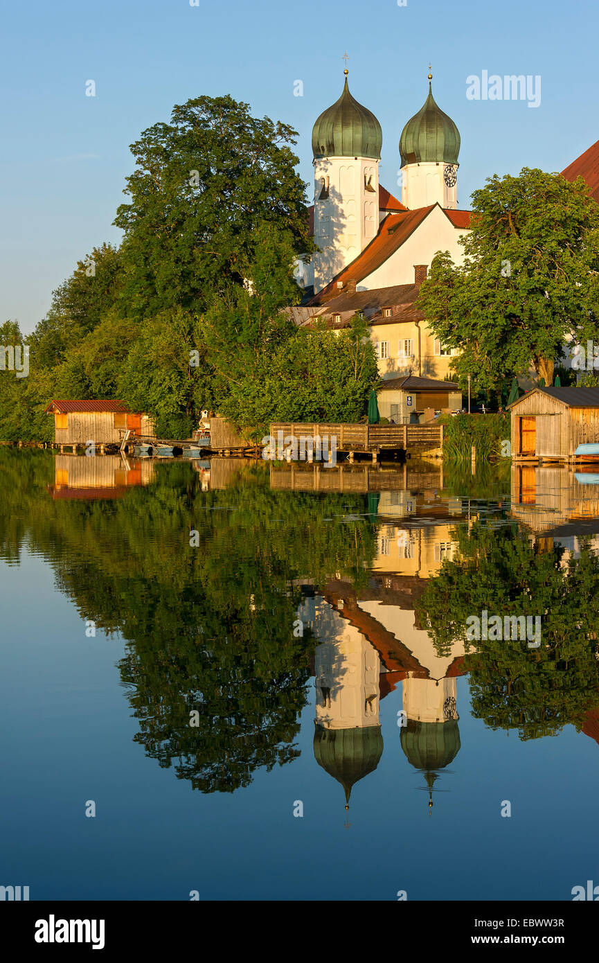 Benedictine Kloster Seeon monastery with monastery church of St. Lambert, Klostersee, Seebruck, Chiemgau, Upper Bavaria, Bavaria Stock Photo