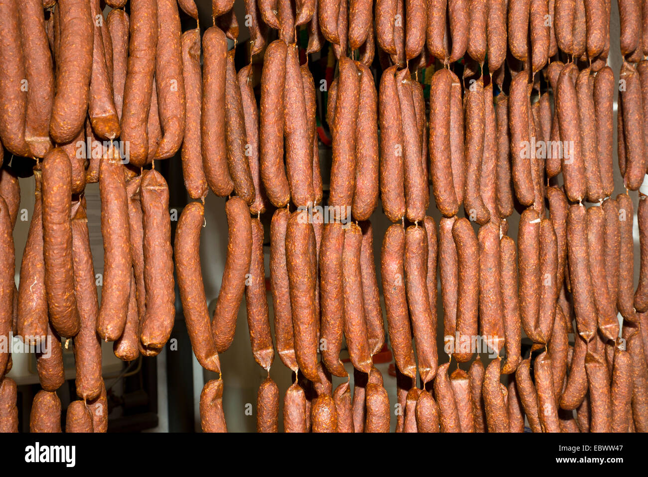Farm products, hard sausages, farm shop, Kreidl family farm, Schwaz District, Tyrol, Austria Stock Photo
