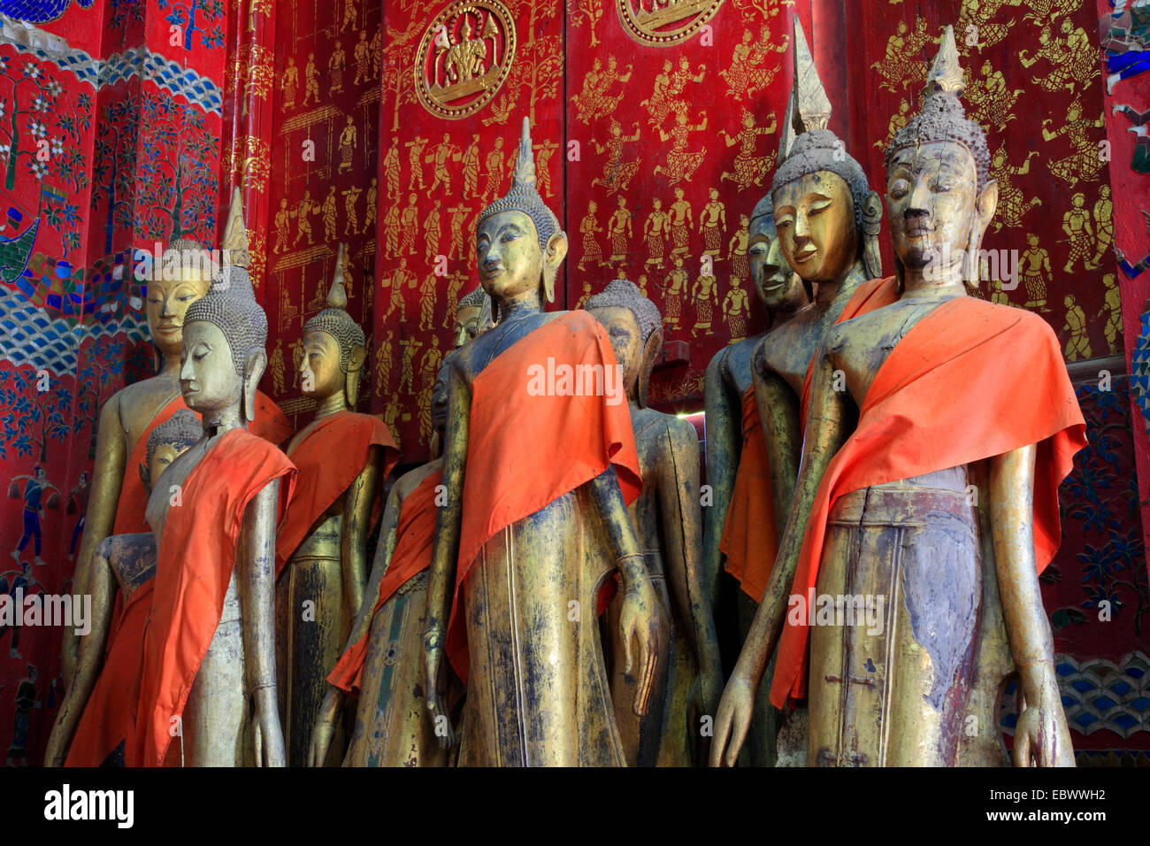 Buddha statues, Laos, Luang Prabang, Vat Xieng Thong Stock Photo