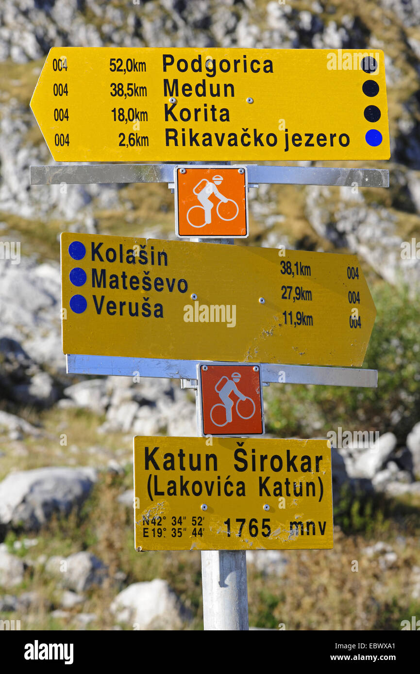 direction signs of hiking resort, Montenegro, Prokletije Stock Photo