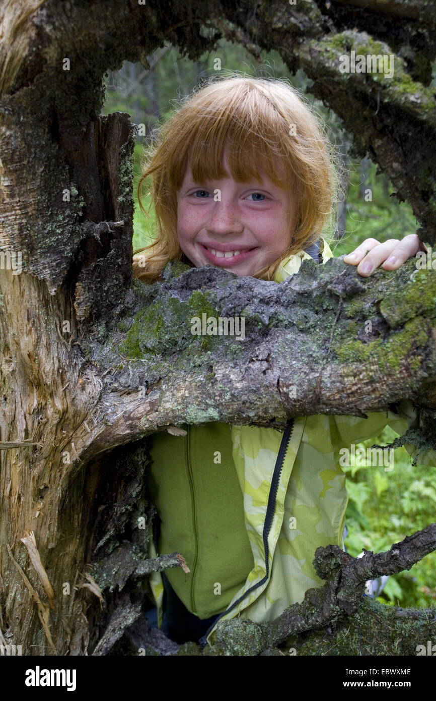 young girl playing in forest and looking through rotten tree, Norway Stock Photo