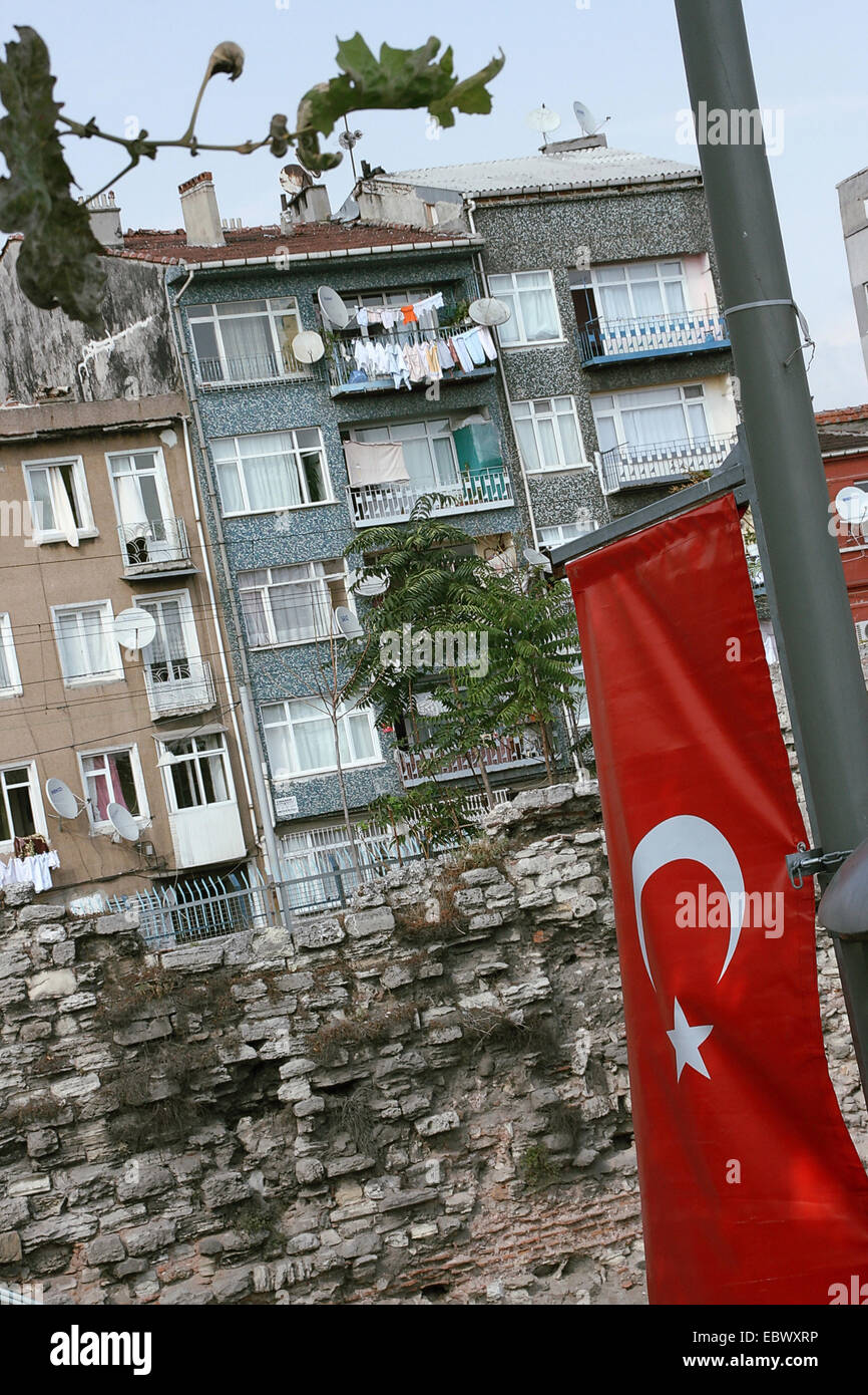 residentials with a Turkish flag, Turkey, Istanbul Stock Photo